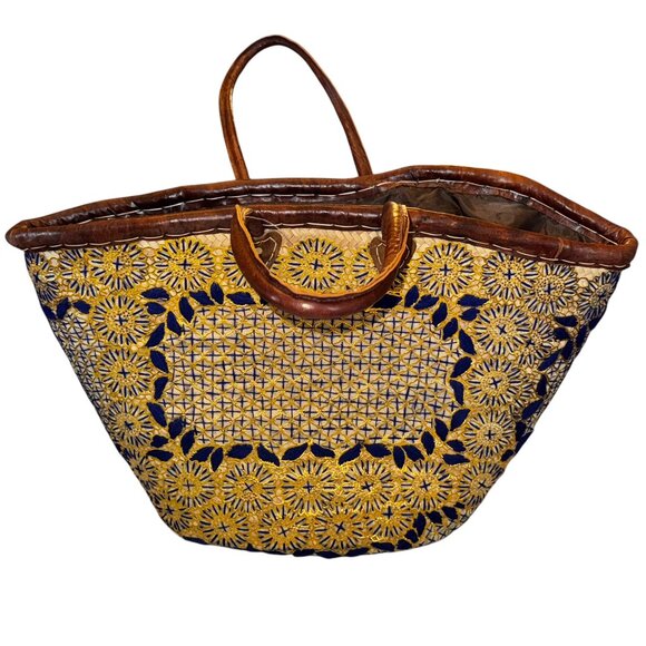 Large Artisan-Crafted  Woven Embroidered & Leather Trim Tote Bag in Blue… - Picture 1 of 8